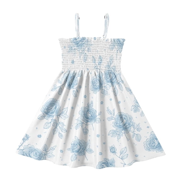 TTYFWHD Toddler Girls Spaghetti Strap Sundress, 100% Polyester Summer Casual Dress with Elastic Smocked Top, Soft Breathable Beach Dress for Girls 2T-8T Elegant Blue Rose Garden