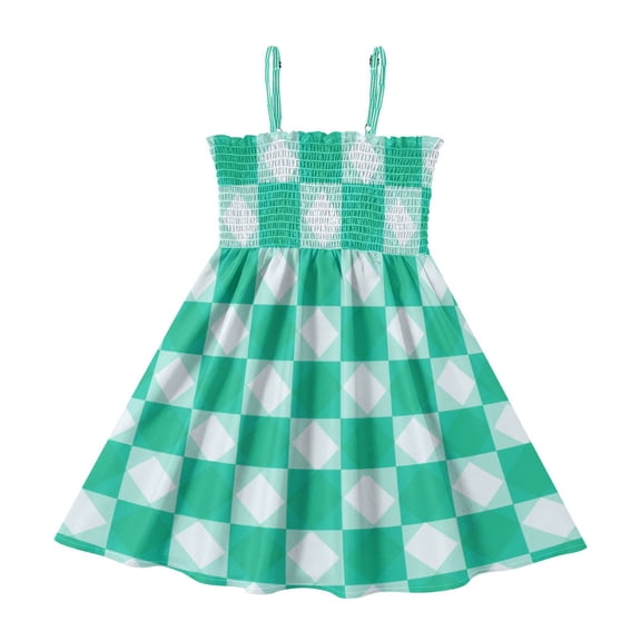 TTYFWHD Toddler Girls Spaghetti Strap Sundress, 100% Polyester Summer Casual Dress with Elastic Smocked Top, Soft Breathable Beach Dress for Girls 2T-8T Emerald Green Squares
