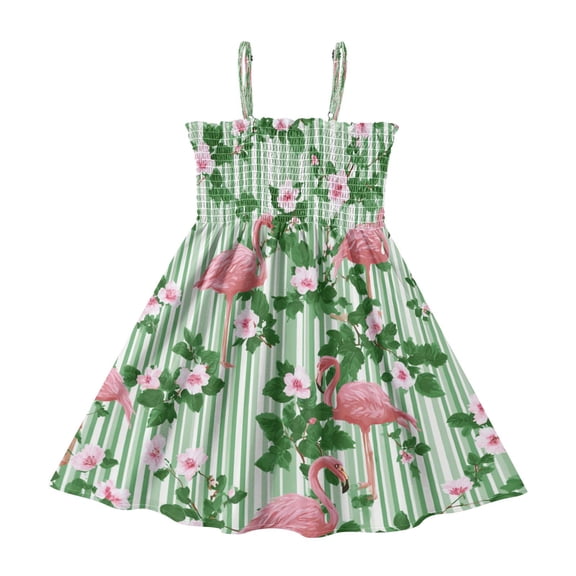 TTYFWHD Toddler Girls Spaghetti Strap Sundress, 100% Polyester Summer Casual Dress with Elastic Smocked Top, Soft Breathable Beach Dress for Girls 2T-8T Flamingos at Rest