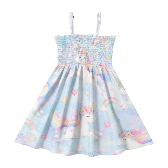TTYFWHD Toddler Girls Spaghetti Strap Sundress, 100% Polyester Summer Casual Dress with Elastic Smocked Top, Soft Breathable Beach Dress for Girls 2T-8T Flying Unicorn Rainbow Graphic