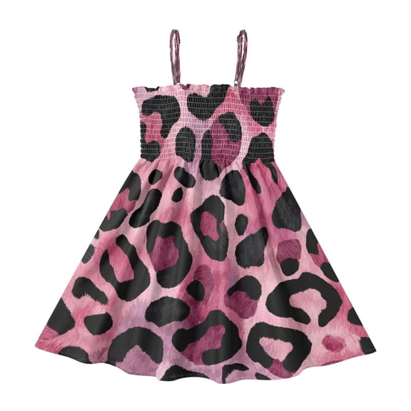 TTYFWHD Toddler Girls Spaghetti Strap Sundress, 100% Polyester Summer Casual Dress with Elastic Smocked Top, Soft Breathable Beach Dress for Girls 2T-8T Fuchsia Pink Fur Leopard Print