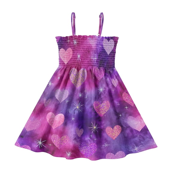 TTYFWHD Toddler Girls Spaghetti Strap Sundress, 100% Polyester Summer Casual Dress with Elastic Smocked Top, Soft Breathable Beach Dress for Girls 2T-8T Glitter Heart Tie Dye Pattern