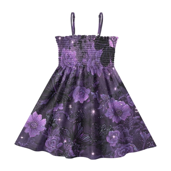 TTYFWHD Toddler Girls Spaghetti Strap Sundress, 100% Polyester Summer Casual Dress with Elastic Smocked Top, Soft Breathable Beach Dress for Girls 2T-8T Gorgeous Pink Flowers and Butterflies