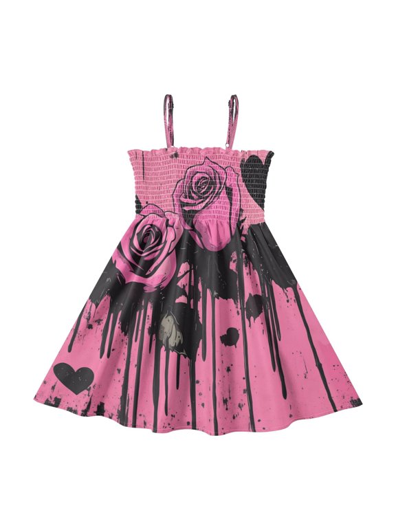 Toddler Girls Spaghetti Strap Sundress, 100% Polyester Summer Casual Dress with Elastic Smocked Top, Soft Breathable Beach Dress for Girls 2T-8T Gothic Pink Roses Graffiti