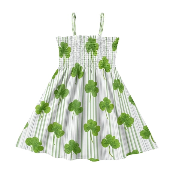TTYFWHD Toddler Girls Spaghetti Strap Sundress, 100% Polyester Summer Casual Dress with Elastic Smocked Top, Soft Breathable Beach Dress for Girls 2T-8T Green Clover Stripe Pattern