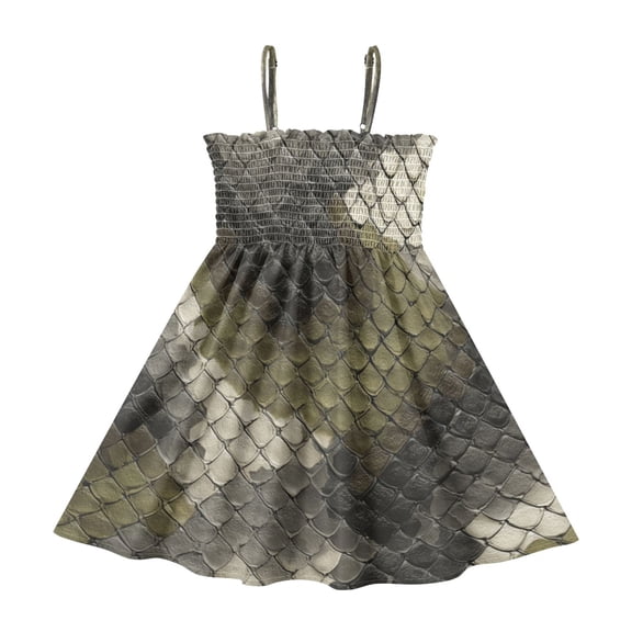 TTYFWHD Toddler Girls Spaghetti Strap Sundress, 100% Polyester Summer Casual Dress with Elastic Smocked Top, Soft Breathable Beach Dress for Girls 2T-8T Greenish-brown Snake Skin Print Pattern