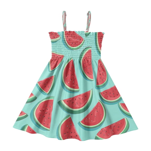 TTYFWHD Toddler Girls Spaghetti Strap Sundress, 100% Polyester Summer Casual Dress with Elastic Smocked Top, Soft Breathable Beach Dress for Girls 2T-8T Juicy Summer Melon Breeze