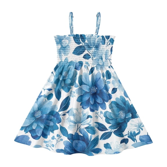 TTYFWHD Toddler Girls Spaghetti Strap Sundress, 100% Polyester Summer Casual Dress with Elastic Smocked Top, Soft Breathable Beach Dress for Girls 2T-8T Large Blooms