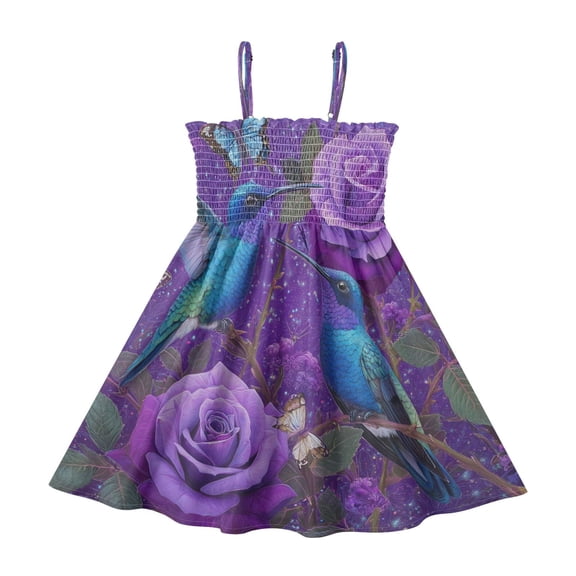 TTYFWHD Toddler Girls Spaghetti Strap Sundress, 100% Polyester Summer Casual Dress with Elastic Smocked Top, Soft Breathable Beach Dress for Girls 2T-8T Lavender Hummingbird Dream
