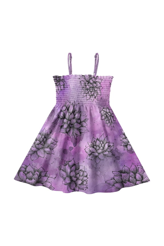 Toddler Girls Spaghetti Strap Sundress, 100% Polyester Summer Casual Dress with Elastic Smocked Top, Soft Breathable Beach Dress for Girls 2T-8T Lavender Succulent Blooms