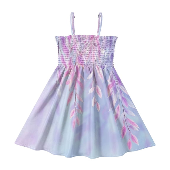 TTYFWHD Toddler Girls Spaghetti Strap Sundress, 100% Polyester Summer Casual Dress with Elastic Smocked Top, Soft Breathable Beach Dress for Girls 2T-8T Lavender Cascade Leaves