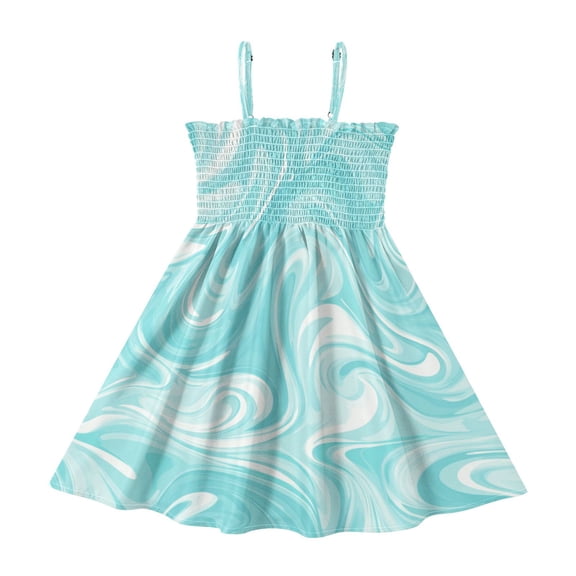 TTYFWHD Toddler Girls Spaghetti Strap Sundress, 100% Polyester Summer Casual Dress with Elastic Smocked Top, Soft Breathable Beach Dress for Girls 2T-8T Light Blue Smooth Lines