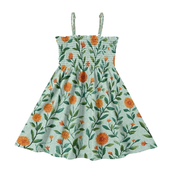 TTYFWHD Toddler Girls Spaghetti Strap Sundress, 100% Polyester Summer Casual Dress with Elastic Smocked Top, Soft Breathable Beach Dress for Girls 2T-8T Light Green Orange Wildflowers