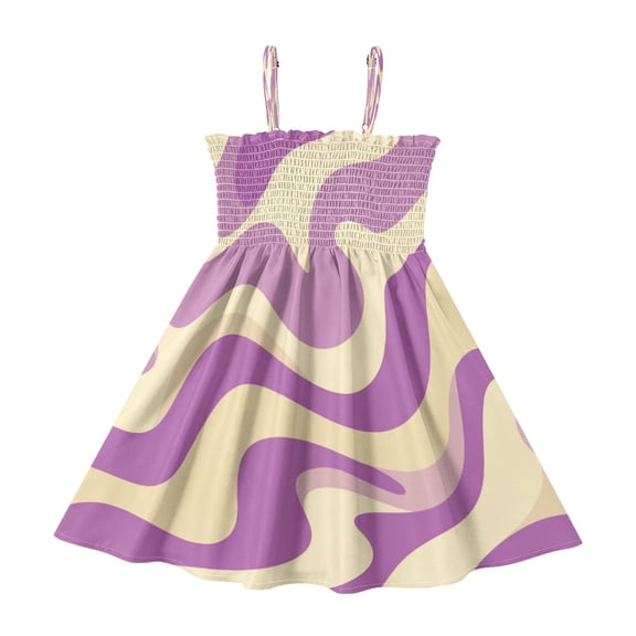 TTYFWHD Toddler Girls Spaghetti Strap Sundress, 100% Polyester Summer Casual Dress with Elastic Smocked Top, Soft Breathable Beach Dress for Girls 2T-8T Light Purple Cream Flowing