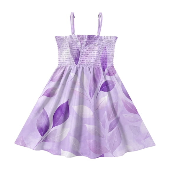 TTYFWHD Toddler Girls Spaghetti Strap Sundress, 100% Polyester Summer Casual Dress with Elastic Smocked Top, Soft Breathable Beach Dress for Girls 2T-8T Misty Purple Leaves