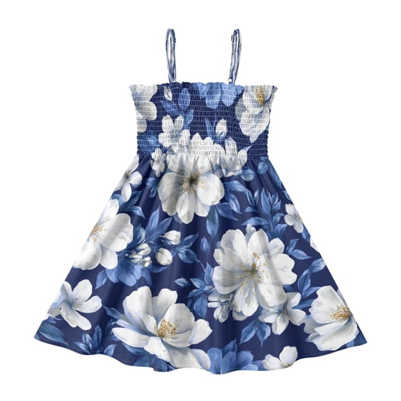 TTYFWHD Toddler Girls Spaghetti Strap Sundress, 100% Polyester Summer Casual Dress with Elastic Smocked Top, Soft Breathable Beach Dress for Girls 2T-8T Navy Floral Whites Flowers