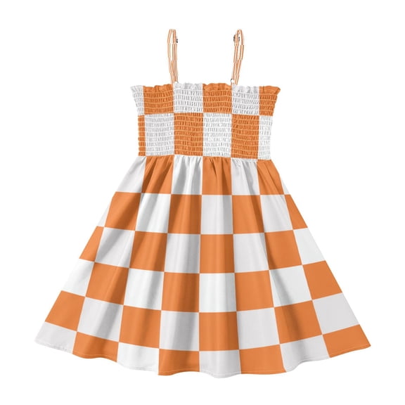 TTYFWHD Toddler Girls Spaghetti Strap Sundress, 100% Polyester Summer Casual Dress with Elastic Smocked Top, Soft Breathable Beach Dress for Girls 2T-8T Orange Checkerboard