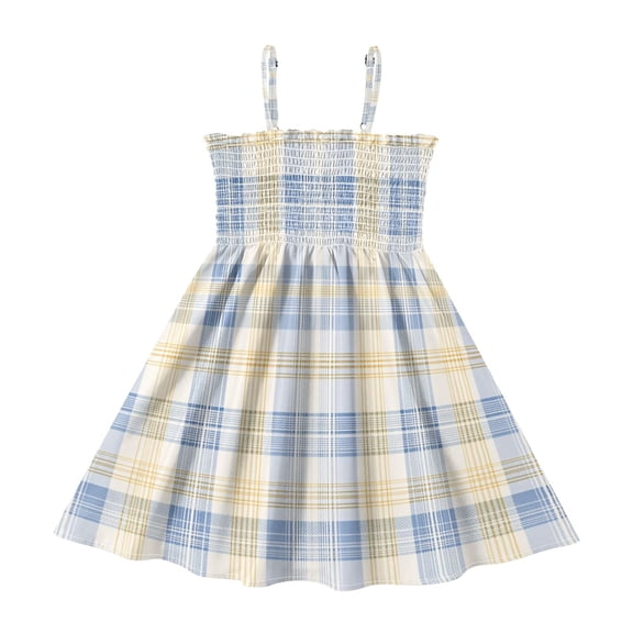 TTYFWHD Toddler Girls Spaghetti Strap Sundress, 100% Polyester Summer Casual Dress with Elastic Smocked Top, Soft Breathable Beach Dress for Girls 2T-8T Pale Blue-and-yellow Tartan