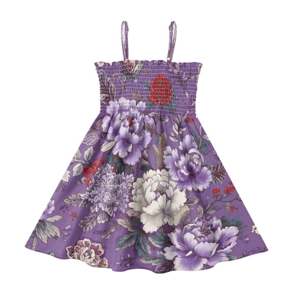TTYFWHD Toddler Girls Spaghetti Strap Sundress, 100% Polyester Summer Casual Dress with Elastic Smocked Top, Soft Breathable Beach Dress for Girls 2T-8T Peonies on Dark Purple Background