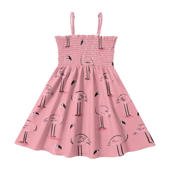 TTYFWHD Toddler Girls Spaghetti Strap Sundress, 100% Polyester Summer Casual Dress with Elastic Smocked Top, Soft Breathable Beach Dress for Girls 2T-8T Pink Cute Flamingos