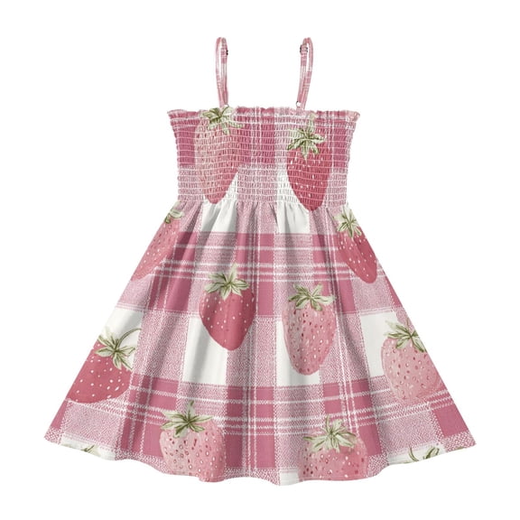 TTYFWHD Toddler Girls Spaghetti Strap Sundress, 100% Polyester Summer Casual Dress with Elastic Smocked Top, Soft Breathable Beach Dress for Girls 2T-8T Pink Strawberry Plaid Print