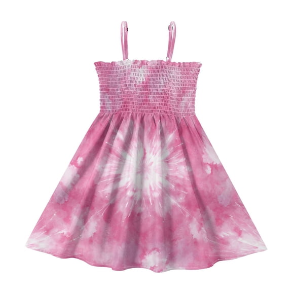 TTYFWHD Toddler Girls Spaghetti Strap Sundress, 100% Polyester Summer Casual Dress with Elastic Smocked Top, Soft Breathable Beach Dress for Girls 2T-8T Pink-purple Gradient Pattern