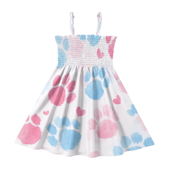 TTYFWHD Toddler Girls Spaghetti Strap Sundress, 100% Polyester Summer Casual Dress with Elastic Smocked Top, Soft Breathable Beach Dress for Girls 2T-8T Plush Dog Paw Print Pattern