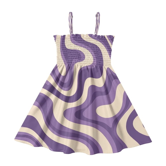 TTYFWHD Toddler Girls Spaghetti Strap Sundress, 100% Polyester Summer Casual Dress with Elastic Smocked Top, Soft Breathable Beach Dress for Girls 2T-8T Purple Creamy Pattern