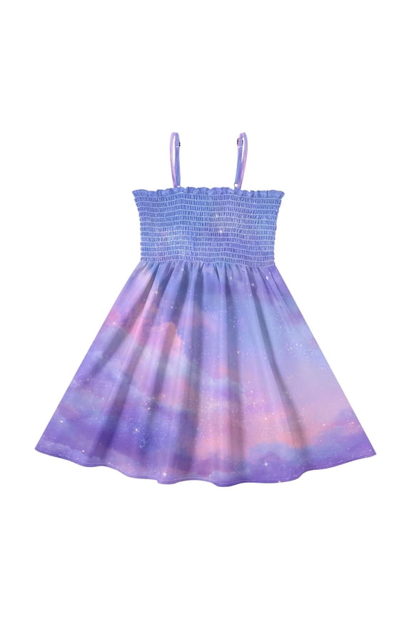 Toddler Girls Spaghetti Strap Sundress, 100% Polyester Summer Casual Dress with Elastic Smocked Top, Soft Breathable Beach Dress for Girls 2T-8T Purple Pink Twilight Galaxy