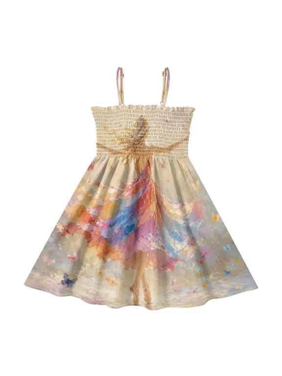 Toddler Girls Spaghetti Strap Sundress, 100% Polyester Summer Casual Dress with Elastic Smocked Top, Soft Breathable Beach Dress for Girls 2T-8T Rainbow Dress Dancer Print