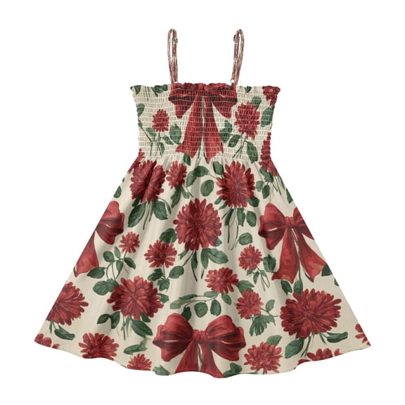 TTYFWHD Toddler Girls Spaghetti Strap Sundress, 100% Polyester Summer Casual Dress with Elastic Smocked Top, Soft Breathable Beach Dress for Girls 2T-8T Red Christmas Bows and Floral