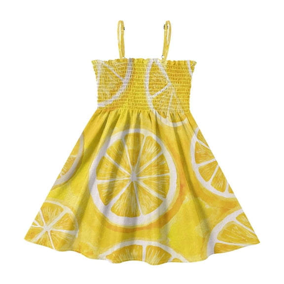 TTYFWHD Toddler Girls Spaghetti Strap Sundress, 100% Polyester Summer Casual Dress with Elastic Smocked Top, Soft Breathable Beach Dress for Girls 2T-8T Retro Lemon Slice Pattern