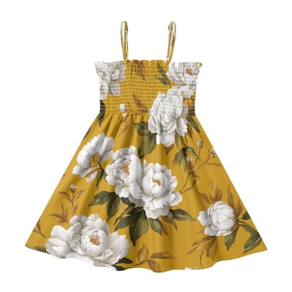 TTYFWHD Toddler Girls Spaghetti Strap Sundress, 100% Polyester Summer Casual Dress with Elastic Smocked Top, Soft Breathable Beach Dress for Girls 2T-8T Retro Yellow and White Peony