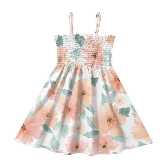 TTYFWHD Toddler Girls Spaghetti Strap Sundress, 100% Polyester Summer Casual Dress with Elastic Smocked Top, Soft Breathable Beach Dress for Girls 2T-8T Sage Green Floral Print