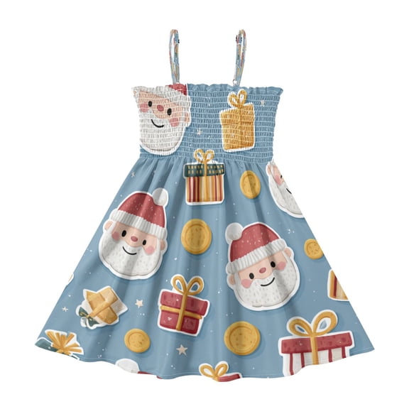 TTYFWHD Toddler Girls Spaghetti Strap Sundress, 100% Polyester Summer Casual Dress with Elastic Smocked Top, Soft Breathable Beach Dress for Girls 2T-8T Santa Claus Gifts and Coins