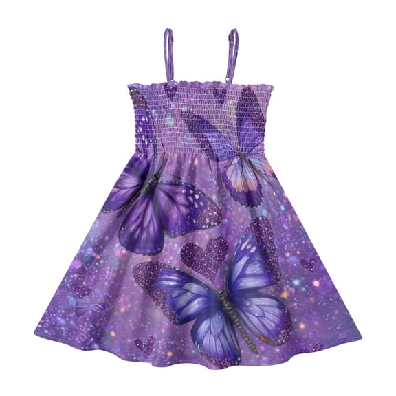 TTYFWHD Toddler Girls Spaghetti Strap Sundress, 100% Polyester Summer Casual Dress with Elastic Smocked Top, Soft Breathable Beach Dress for Girls 2T-8T Shimmering Purple Butterflies