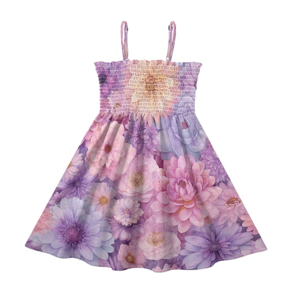 TTYFWHD Toddler Girls Spaghetti Strap Sundress, 100% Polyester Summer Casual Dress with Elastic Smocked Top, Soft Breathable Beach Dress for Girls 2T-8T Soft Hue Florals