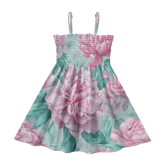 TTYFWHD Toddler Girls Spaghetti Strap Sundress, 100% Polyester Summer Casual Dress with Elastic Smocked Top, Soft Breathable Beach Dress for Girls 2T-8T Soft Pink Peony Pattern