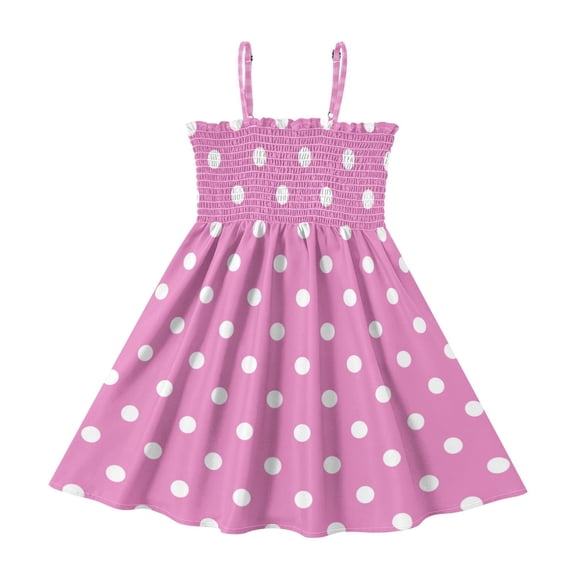 TTYFWHD Toddler Girls Spaghetti Strap Sundress, 100% Polyester Summer Casual Dress with Elastic Smocked Top, Soft Breathable Beach Dress for Girls 2T-8T Soft Pink Polka Dot