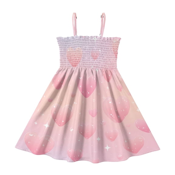 TTYFWHD Toddler Girls Spaghetti Strap Sundress, 100% Polyester Summer Casual Dress with Elastic Smocked Top, Soft Breathable Beach Dress for Girls 2T-8T Soft Pink Sparkle Tapestry