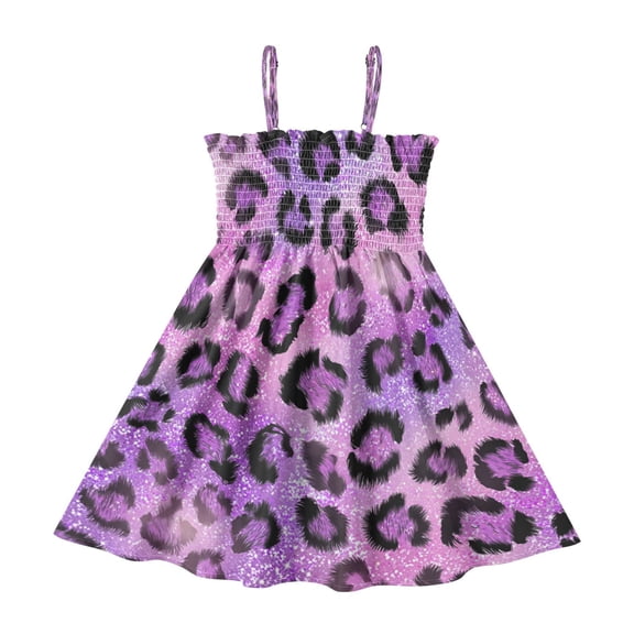 TTYFWHD Toddler Girls Spaghetti Strap Sundress, 100% Polyester Summer Casual Dress with Elastic Smocked Top, Soft Breathable Beach Dress for Girls 2T-8T Sparkle Pink Leopard Print
