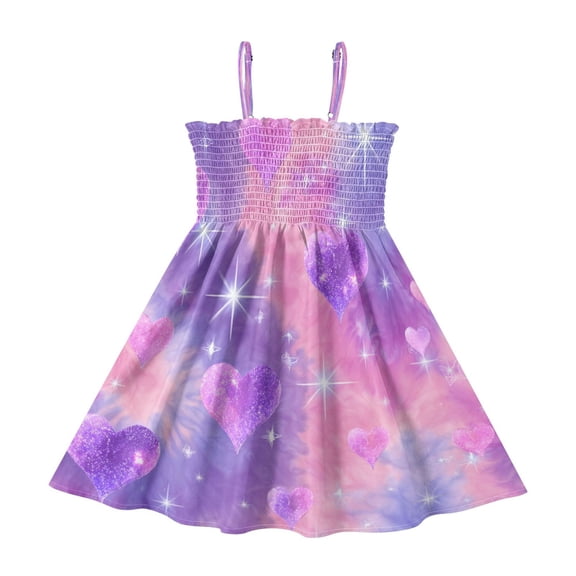TTYFWHD Toddler Girls Spaghetti Strap Sundress, 100% Polyester Summer Casual Dress with Elastic Smocked Top, Soft Breathable Beach Dress for Girls 2T-8T Sparkle Purple Pink Heart Print