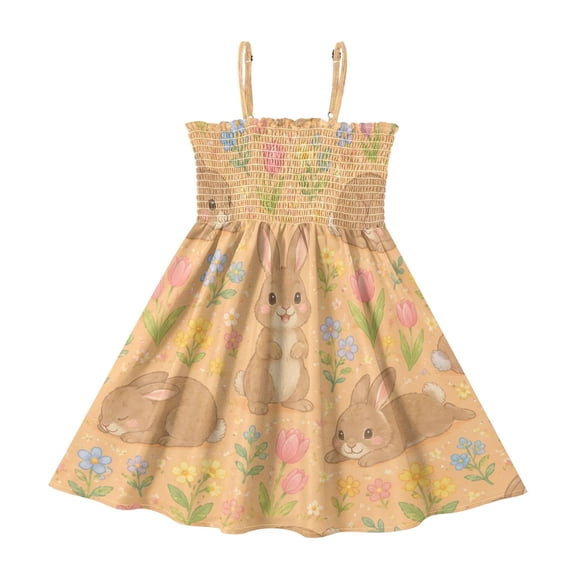 TTYFWHD Toddler Girls Spaghetti Strap Sundress, 100% Polyester Summer Casual Dress with Elastic Smocked Top, Soft Breathable Beach Dress for Girls 2T-8T Spring Bunnies Floral Graphic