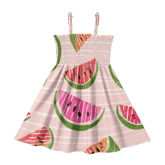 TTYFWHD Toddler Girls Spaghetti Strap Sundress, 100% Polyester Summer Casual Dress with Elastic Smocked Top, Soft Breathable Beach Dress for Girls 2T-8T Sweet Melon Hush
