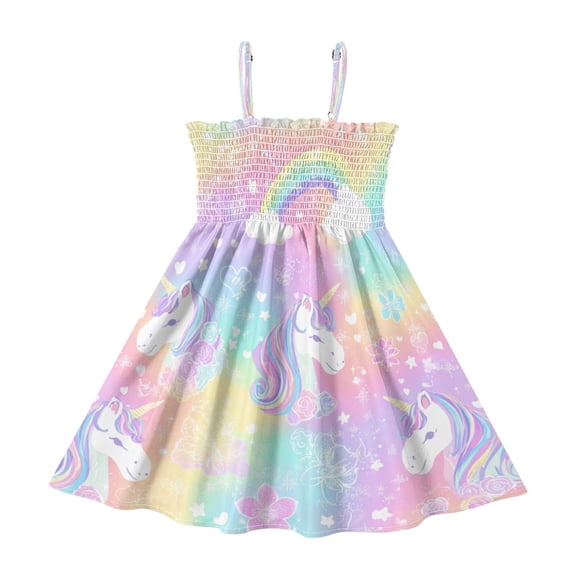 TTYFWHD Toddler Girls Spaghetti Strap Sundress, 100% Polyester Summer Casual Dress with Elastic Smocked Top, Soft Breathable Beach Dress for Girls 2T-8T Sweet Rainbow Unicorn Party