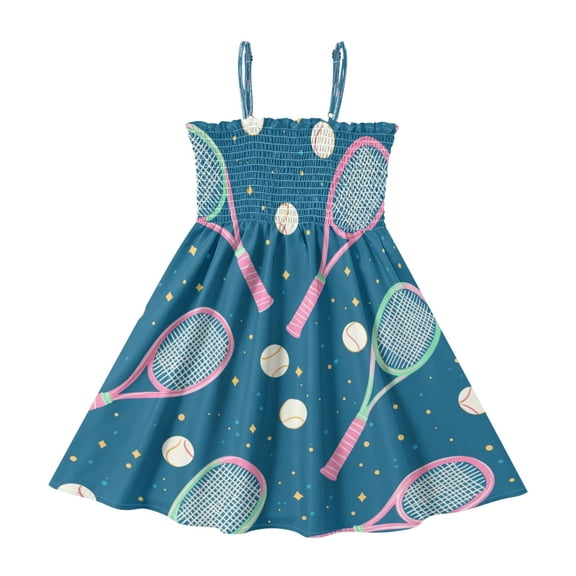 TTYFWHD Toddler Girls Spaghetti Strap Sundress, 100% Polyester Summer Casual Dress with Elastic Smocked Top, Soft Breathable Beach Dress for Girls 2T-8T Tennis