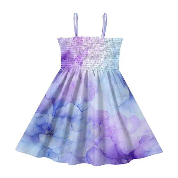 TTYFWHD Toddler Girls Spaghetti Strap Sundress, 100% Polyester Summer Casual Dress with Elastic Smocked Top, Soft Breathable Beach Dress for Girls 2T-8T Translucent Floral Ink Design
