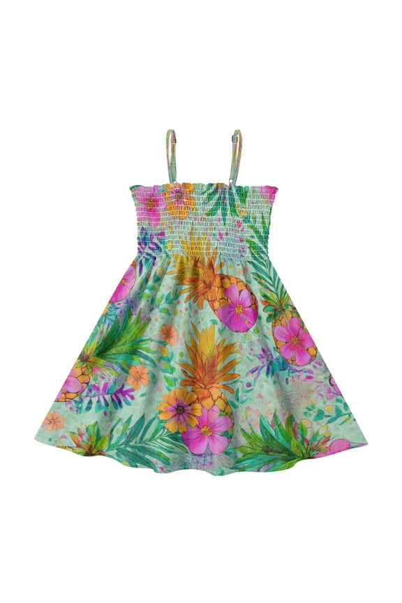 Toddler Girls Spaghetti Strap Sundress, 100% Polyester Summer Casual Dress with Elastic Smocked Top, Soft Breathable Beach Dress for Girls 2T-8T Tropical Pineapple Floral