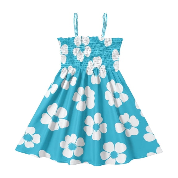 TTYFWHD Toddler Girls Spaghetti Strap Sundress, 100% Polyester Summer Casual Dress with Elastic Smocked Top, Soft Breathable Beach Dress for Girls 2T-8T Turquoise White Daisy Floral