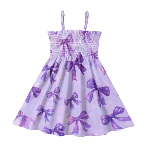 TTYFWHD Toddler Girls Spaghetti Strap Sundress, 100% Polyester Summer Casual Dress with Elastic Smocked Top, Soft Breathable Beach Dress for Girls 2T-8T Vibrant Purple Bows Pattern